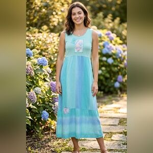 Vintage Faith 80s Maxi Goldfish‎ Beaded Tropical Hawaiian Resort Dress Large